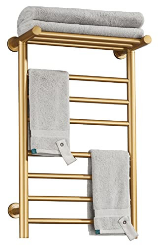 Scaldasalviette Elettrico Dorato, Moderno scaldasalviette a Parete a 7 Barre con ripiano Superiore, scaldasalviette Elettrico in Acciaio Inox per Bagno 70 W, Oro, Spina