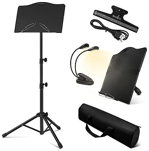 DOLPTBEZM Tragbarer Notenständer, Notenständer mit Tasche und Licht, mit klappbarer Ablage, stabil, höhenverstellbar, 4 kg belastbar, für Instrumentaldarbietung