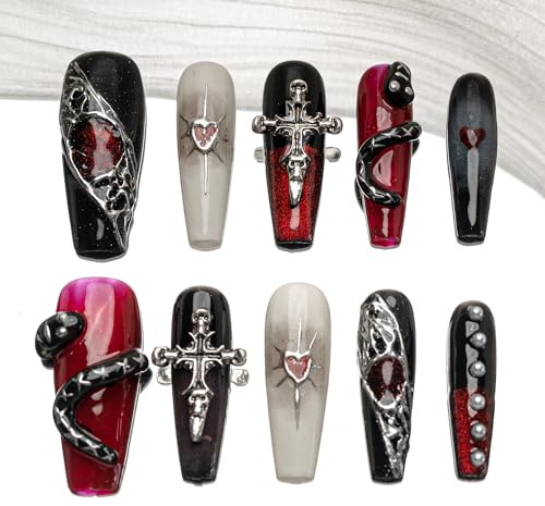 Sun&Beam Nails Handgefertigte Press-On Long Ballerina Schwarz (#189 S) | Schwarz und Rot mit Kreuz- und Herzmotiven, glänzendem Finish im 10-teiligen Set