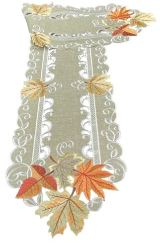 Tischläufer Tischdecke Mitteldecke Deckchen Leinen-Optik Herbst Blätter Grün (ca. 30x160 cm spitz)
