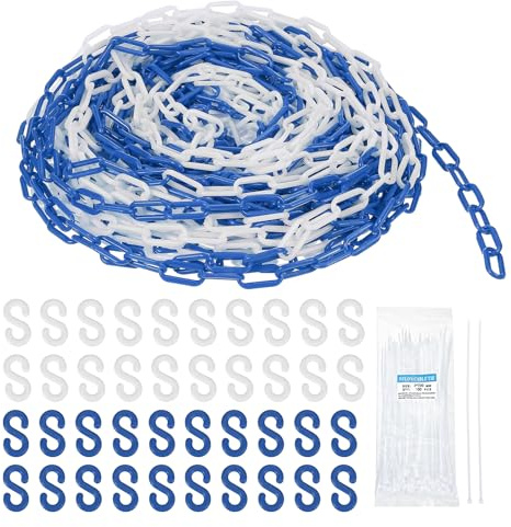 sourcing map Kunststoffkette, 61 m, Sicherheitskette, Blau-Weiß, Kunststoff-Kettenglied-Barriere mit Kabelbindern und S-Haken für Menschenmengenkontrolle, Warteschlangenschnur, Zaundekoration