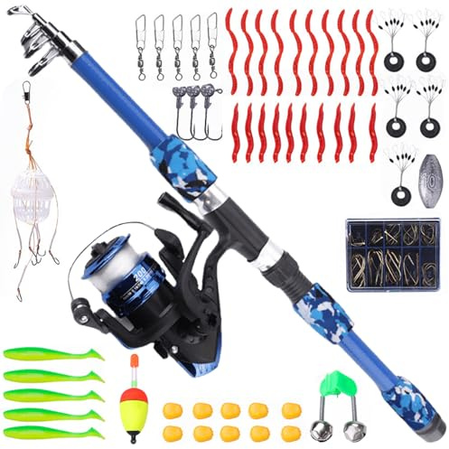 Kit di pesca per bambini dai 3 ai 10 anni - Con mulinello e esche - Kit di avvio da 1,8 m - Canna da pesca telescopica in fibra di carbonio e mulinello per lenza da pesca - Accessori da pesca