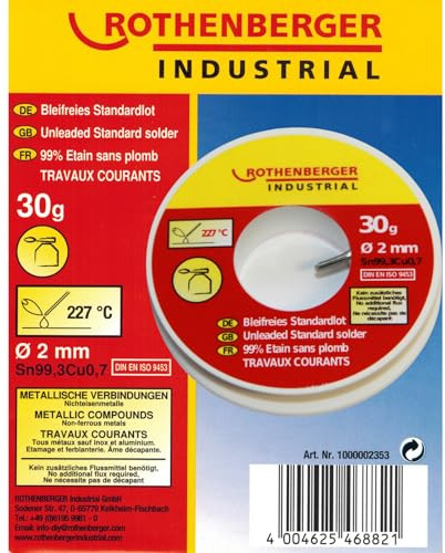sopomarkt24 Standardlot bleifrei Lötzinn 30g Ø 2mm für Lötbrenner – Universal Weichlot für Messing, Kupfer, Weißblech, umweltfreundlich, Schmelztemperatur 227°C, Sn 99,3 Cu 0,7