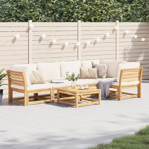 IKAYAA Gartenlounge Outdoor Holz Set für Balkon und Terrasse mit Kissen Massivholz Akazie Creme 6-Tlg