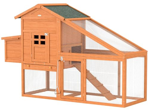 PawHut Pollaio da Giardino in Legno di Abete e Metallo per 1-2 Galline, Pollaio per Galline con Area per Cova, Spazio Aperto e Casetta, 179x67x115 cm, Arancione