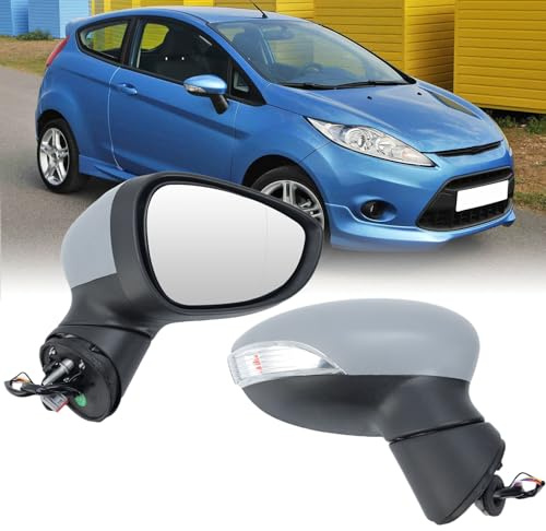Außenspiegel Rechts elektrisch verstellbar beheizt, 8-Pin Anschluss, passend für Ford Fiesta MK7 2008-2012, grundierte Abdeckung Manuell einklappbar mit Blinker