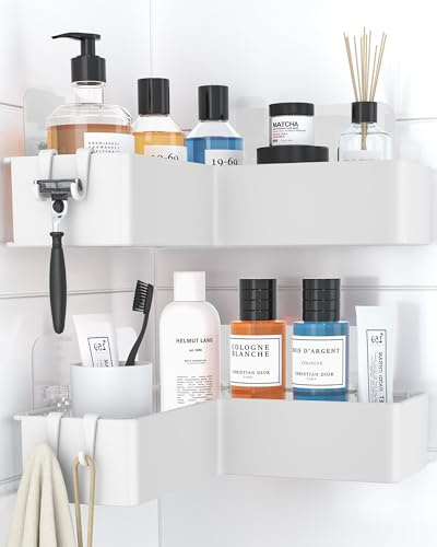 Kitsure L-förmiger Duschablage ohne Bohren - 2er-Set robuste Duschablage ohne Bohren Ecke mit 4 Haken und Klebestreifen, rostfrei für Bad, Küche und Waschküche, 24,4 x 11,9 x 6,2 cm, Weiß