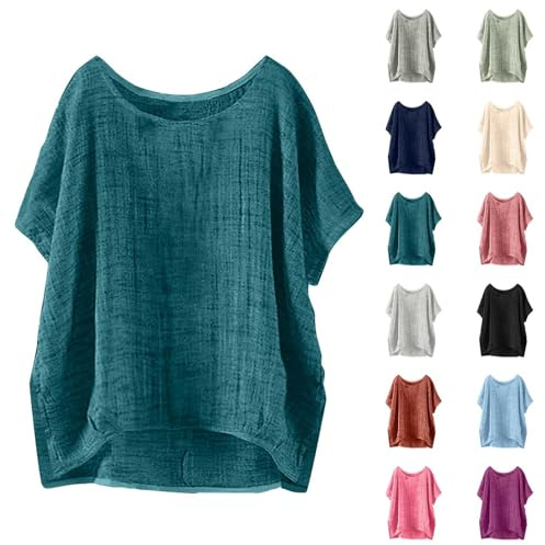 Sommer locker Oversized Leinenbluse Kurzarm Vintage Leichte Bluse Basic Rundhals Damen T-Shirt Lässiges Bequemes Modisch Licht Hemdbluse Lässiges Atmungsaktive Elegante Blusenshirt