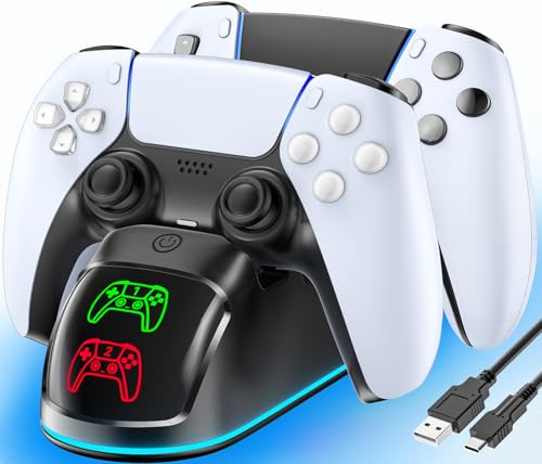 Station de Charge PS5, Chargeur Manette PS5 pour PlayStation 5 Dualsense et Edge avec Lumière RVB, Station de Charge de Manette PS 5 Rapide avec Câble, Kit d’Accessoires de Chargeur PlayStation 5