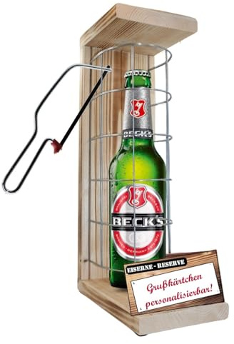 Personalisierte Geschenke für Männer Frauen Geschenkidee mit Namen - Eiserne Reserve Gitter Text rot Beck´s Bier (1 x 0.5 l) incl. Notsäge - Papa Mama Geburtstag Hochzeit