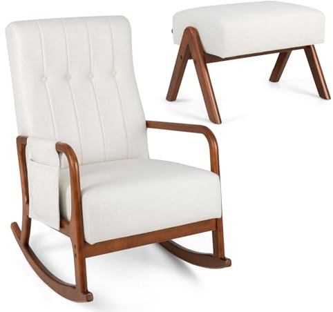 HOMASIS Silla Mecedora con Reposapiés y Bolsillo, Juego de Sillón Balancín con Reposabrazos y Estructura de Madera Maciza, Silla de Lactancia para Salón, hasta 150 kg, 97 x 65 x 104 cm (Beige)