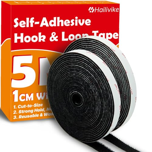 Klettband Selbstklebend 1CM X 5 Meter Extra Stark, Doppelseitig Klebende mit Klettverschluss 20mm Breit elbstklebendes Klebepad Flauschband und Hakenband (Schwarz, 10 MM X 5 M)