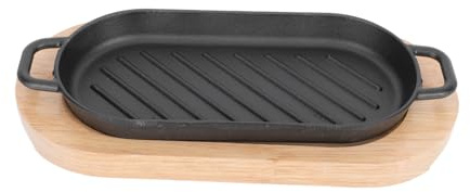 Amosfun Cast Iron Teppanyaki Pan with Wooden Base Rectangular Japanese Steak Plate for Grilling Fish Eel and Bbq Even Heating Hot Plate for Restaurant and Home Use