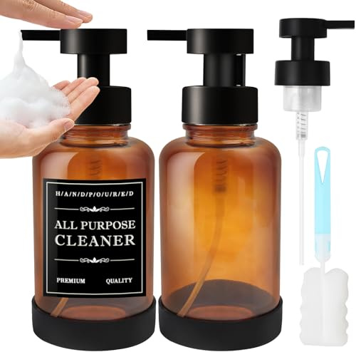 Maxumille Foaming Soap Dispenser, 400ml Amber Glass Foam Dispenser with Replaceable Pump Head, 2 Pack Hand Soap Dispenser for Bathroom & Kitchen, 13.5oz Refillable Washing up Liquid Dispenser Non-slip