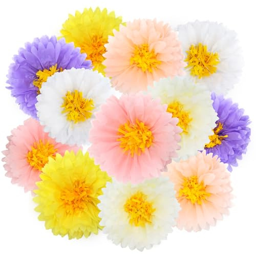 Erzekrim Papierblumen Pompons Deko 12 Stück Gartenparty Deko 35cm Pastell Gänseblümchen Papier Pompons Seidenpapier Blumen Deko für gartenparty, Geburtstags, Hochzeit, Abschlussball (A)