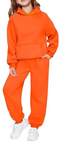 Boys Girls Tracksuit Full Set Kids Toddler Tracksuit Long Sleeve Hooded Sweatshirt and Sweatpants Jogging Set Track Suit Plain Hoodie Joggers Sets Outfits Sweatsuits Orange 6-7 Years