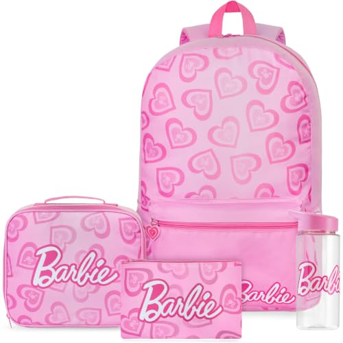 Get Trend Barbie Grand Sac a Dos Fille Set, 4 Pcs Cartable Enfant 46 cm, Trousse Scolaire, Sac Isotherme Repas et 500ml sans BPA Gourde avec Paille (Rose Barbie)