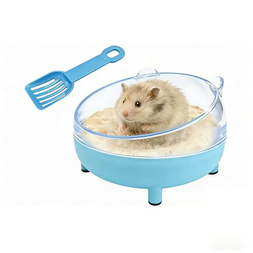 Hamster sandbad behållare med spade – 12 cm genomskinlig toalettlåda för syriska dvärghamstrar – blå gerbil badsandlåda för små husdjur – rundade kanter lätt att rengöra dammfri design