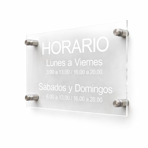 TIBRYN Letrero V1 – 25x17Cm – Cartel Horario Personalizable Grabado a Láser para Negocio Metacrilato Transparente – Placa Exterior e Interior – Texto Personalizado Tiendas, Oficinas y Restaurantes