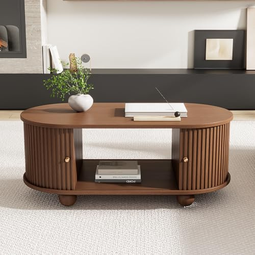 Yihomfy Table Basse Ovale Moderne 100x50x40 cm en Noyer Table Basse Bois avec Portes Coulissantes et Rangement Industriel pour Petit Salon