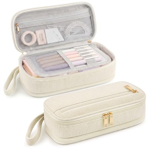 NADSSJL Mäppchen Federmäppchen aus Cord-Stoff, Federmappe mit großer Kapazität, Mäppchen Mädchen für Mädchen, Jungen und Erwachsene, ideal für Schule, Hochschule und Büro (Beige)