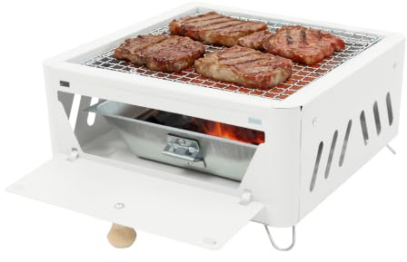 Barbecue da picnic a carbonella, multifunzione, da tavolo, con vassoio per carbone estraibile, padella, griglia portatile, 30 x 30 x 15 cm, mini barbecue da tavolo per picnic e campeggio (bianco)