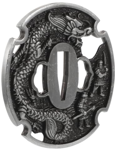 MAJORMENCH Traditional Japanese Tsuba Hand Guard in Silver Metal with Engraved Dragon Design, x.x.cm, Provides Grip Comfort and Disperses Impact, for Martial Arts or Display