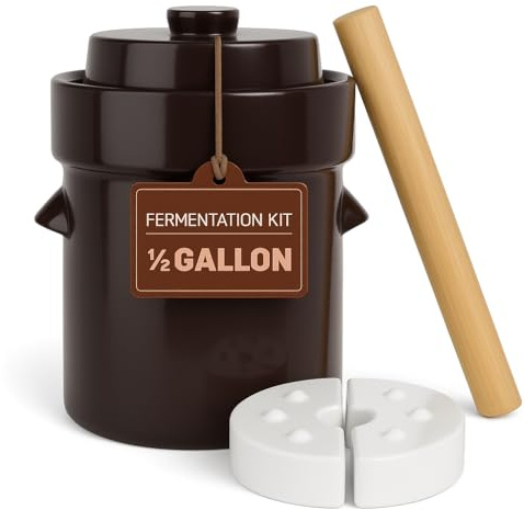 Humble House Fermentation Crock 1/2 Gallon Sauerkrock Sauerkraut Crock with Lid Weights & Pounder - Brown Ceramic Fermenting Crock Kit for Pickling Cabbage Kimchi Vegetables 2 Liter Fermentation Jar