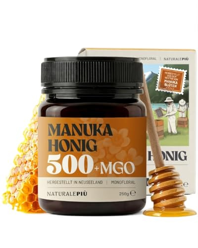 NaturalePiù Miele di Manuka 500+ MGO 250g. Dalla Nuova Zelanda. Certificato in Laboratorio. Miele Balsamico Puro. Mono Floreale, Ideale per la Cura delle Ferite. Tè, Cereali e Prodotti da Forno.