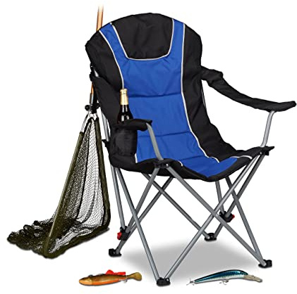 Relaxdays Campingstuhl faltbar, gepolsterte Lehne verstellbar, blau-schwarz | Anglerstuhl klappbar, HxBxT: 108x90x72 cm