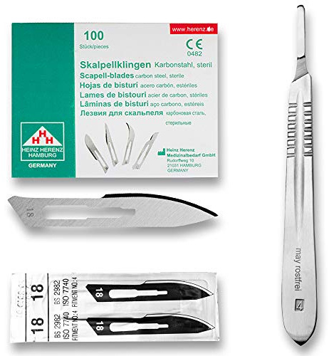 Set - 100 Stück Skalpellklingen Figur 18 aus Karbonstahl - Ersatzklingen einzeln steril verpackt + 1x May - Skalpell-Halter - Edelstahl | Großes Profiwerkzeug für Handwerk und Fußpflege. Extrem scharf und sehr langlebig.