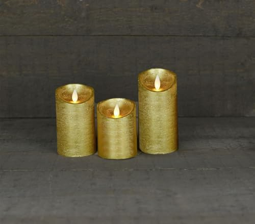 Coen Bakker 3er Set Kerze LED Echtwachskerze 10 cm + 12,5 cm + 15 cm Kerze Ø 7,5 cm viele Farben mit Timer flackender Docht Wachskerze Kerzen, Farbe:Gold