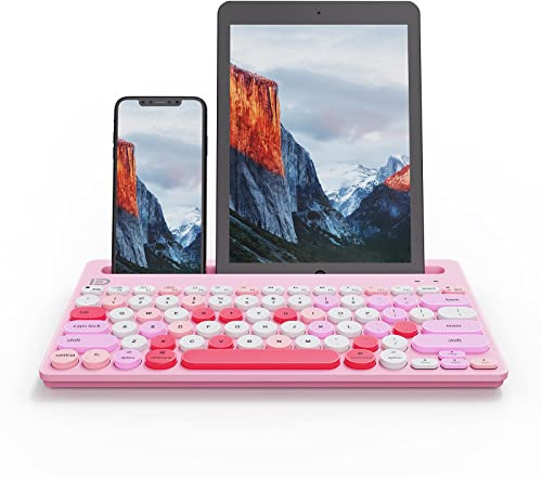 HUO JI Wireless Keyboard Multi-Device, Bluetooth and 2.4G Dual Mode for iPad, Switch to 3 Devices for Tablet, iPhone, PC, Smart TV, Cellphone, iOS Android Windows, Pink