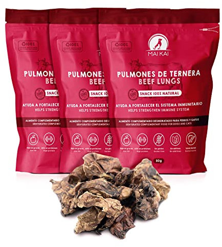 MAIKAI Packung 3 - Kalbslunge für Hunde Getrocknet - 100% Natürliche Hundeleckerlis - Barf Snack - Gesund - Fettarm - Für Welpen + Erwachsene Hunde