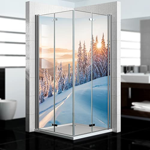 dedeco Eck-Duschrückwand wasserfest Motiv: Winter V2, 2 x 90x200 cm, als Badrückwand zum Fliesenersatz, als Dekorwand, Wandverkleidung und Duschplatte aus Aluminium - Made in Germany