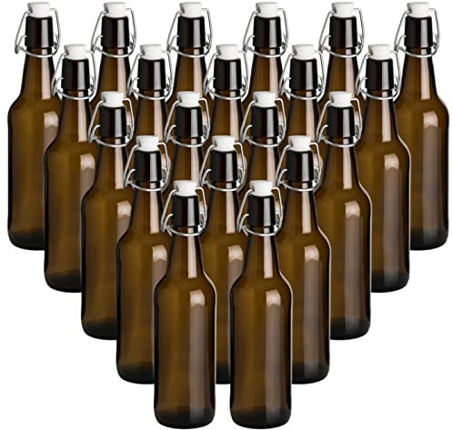 gouveo 20er Set Glasflasche 500 ml Antik mit Bügelverschluss - Bügelflasche 0,5 l aus Braunglas zum Befüllen - Bügelverschlussflasche für Saft, Bier, Selbstgemachtes (BF500A)