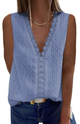 Bipily T-shirt för kvinnor Chiffong V-Neck Spets blus Kortärmad Elegant och grundläggande Solid Färg Toppar, C-blå, M