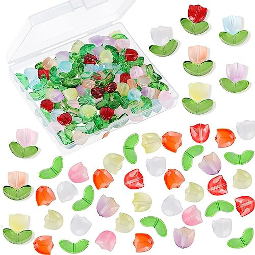 BENBO 120PCS Tulip Flower Beads, Glass Translucent Bracelet Flower Beads Handmade Tulip Beads Spring Summer Crystal Loose Spacer Beads for DIY Jewelry Making, 6 Colors