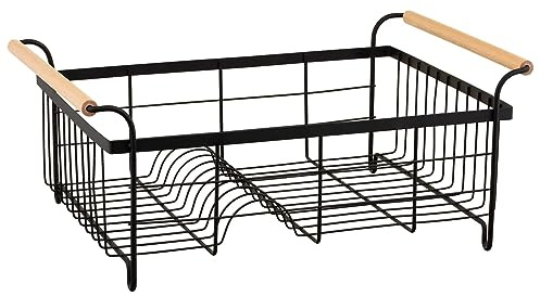 Black Dish Drainer With Wooden Handles - Sleek Dish Drying Rack - Kitchen Organizer - Large Capacity - Countertop Dish Organizer - Powder Coated Steel Wire - Stainless Steel - Durable Easy to Clean