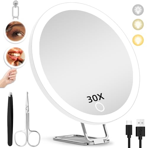 JJhxr 30X Magnifying Mirror with Lights, 6inch Makeup Magnified Mirror 30X Lighted Travel Magnification with 3 Suction Cups and 360° Adjustable Stand- Includes Tweezers & Scissors