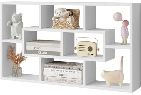 WOLTU Mensola da Muro con 8 Scomparti, Libreria da Parete Sospesa, Porta CD da Parete, Mensola per Cucina, Camera da Letto, Soggiorno, Scaffale Espositore Bianco, 85x16x48cm
