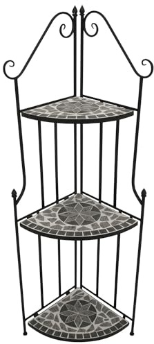 DEGAMO Gartenregal Eckregal Siena 38x36x142cm, Gestell Metall schwarz, Regalböden aus Keramik in Mosaik-Optik grau/Weiss, Outdoor und Indoor