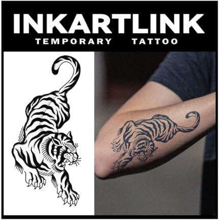 INKARTLINK Tattoo Tech, 2 Sheets Medium Semi Permanent Tattoo, Adult Art Design Temporary Tattoos, Lasts 1-2 Weeks, Waterproof, Realistic Look, No Adhesive, No Reflection (Tiger Design)