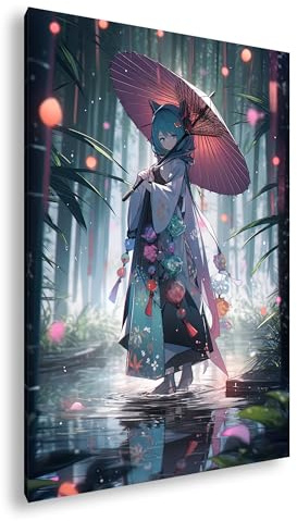 Leinwandbild Anime Stil, Kimono, geheimnisvoller Bambuswald Format: 60x40 cm XXL Kunstdruck Bild auf Keilrahmen/Wandbild/Wohnzimmer Deko