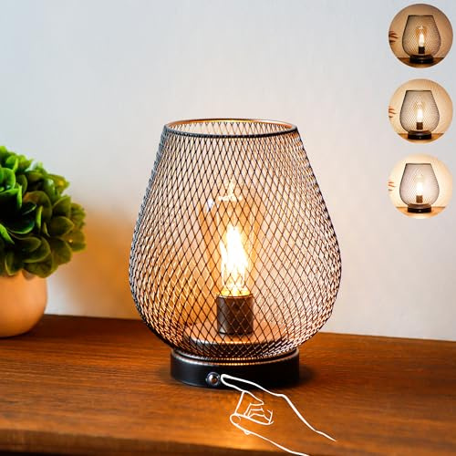 JHY DESIGN Touch Nachttischlampe Metallkäfig LED-Laterne batteriebetriebene Lampe mit LED-Glühbirne kabellose Akzentlampe für Hochzeiten Terrassenveranstaltungen für drinnen und draußen (Bronze-Ei)