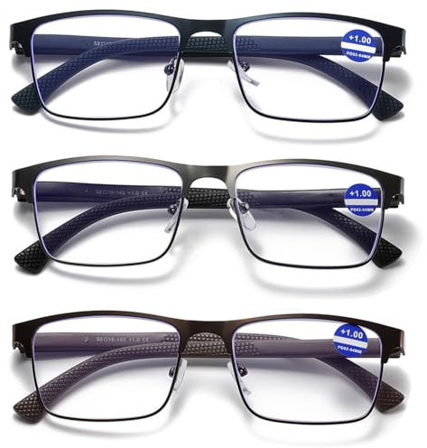 Hubeye 3 Paia Occhiali da lettura per Uomo e Donna Montatura Metallo Quadrato Stile Acciaio Inossidabile con Cerniere a Molla Occhiali Anti Luce Blu 1.50