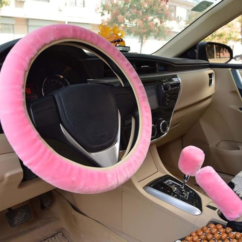 Housse de Volant de Voiture en Peluche - Hiver Antidérapant Universel 36-39cm - 3 Pièces, Rose