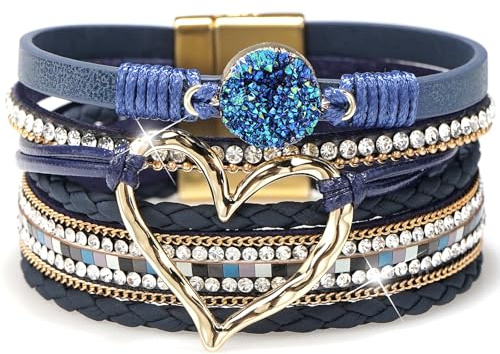 Suyi Bracciale multistrato in pelle avvolgente a forma di cuore, bracciale largo da donna, 19cm/7.5 inches, Pelle, lega