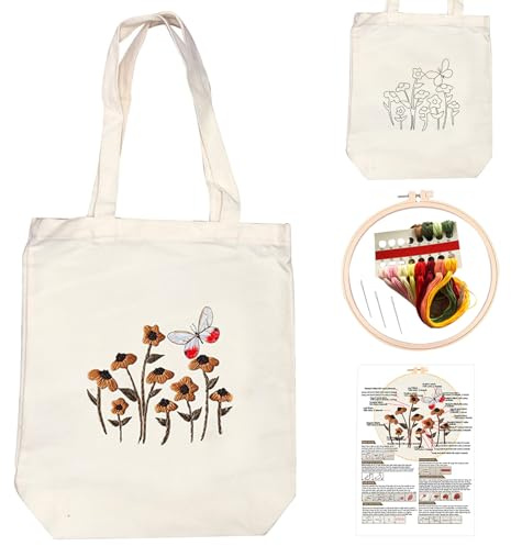JSTHHTT Sticken Set Erwachsene, Sticken Set für Anfänger, Stickpackung aus Segeltuch, Sticktasche mit Blumenmuster, Farbfäden und Werkzeug (32 x 37cm) (Schmetterling)