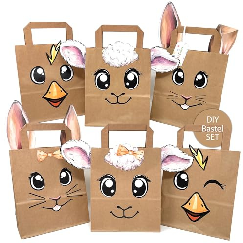 TOBJA Ostertaschen DIY Set - 6 XL Kraftpapier-Tüten mit süßen Tiermotiven | Osternest Basteln für Kinder & Familie | Perfekt als Oster Geschenktüten, Osterhasen Tüten zum Befüllen, Ostertüten Papier
